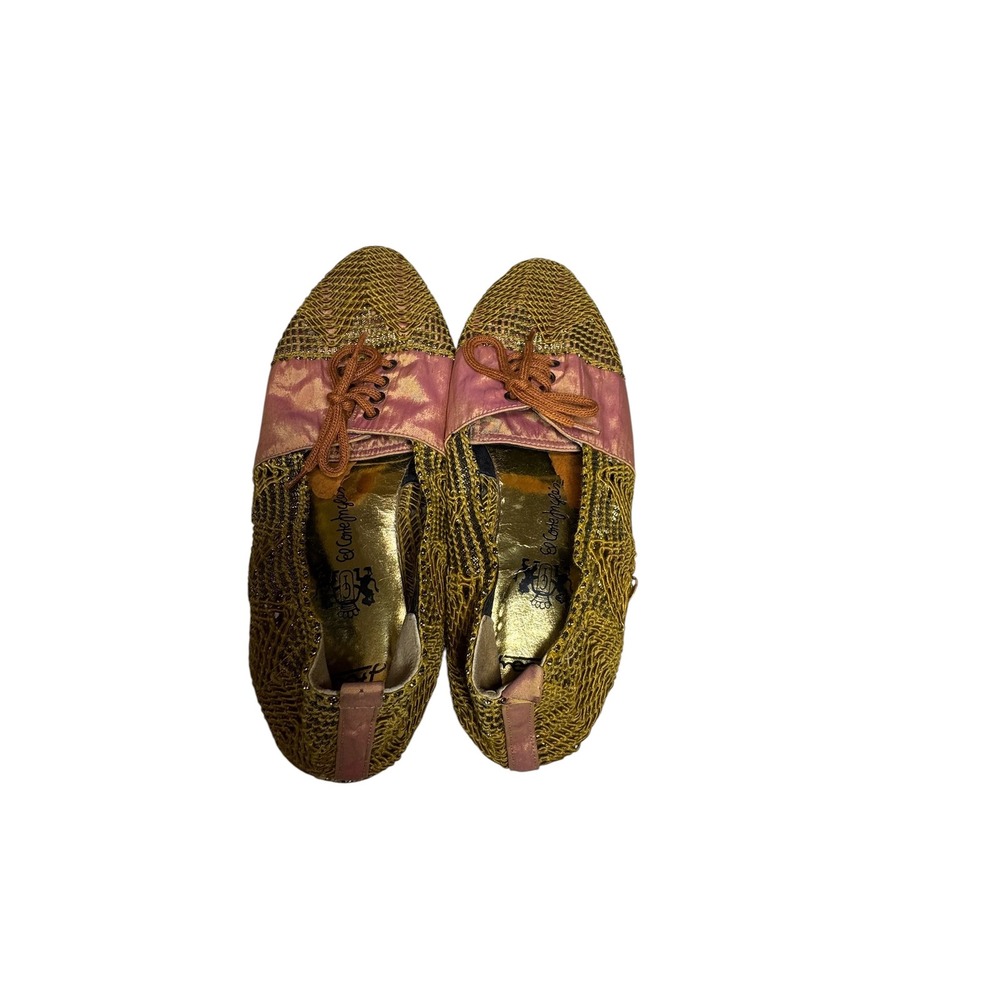 Vintage El Corte Ingles Gold Metallic Crochet Lace-Up Flats Pink Satin Sz 37